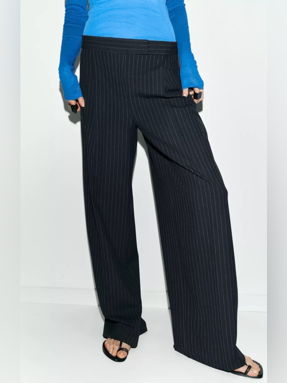Zara NWT Navy Blue Pinstripe Wide Leg High Rise Tailored Trousers